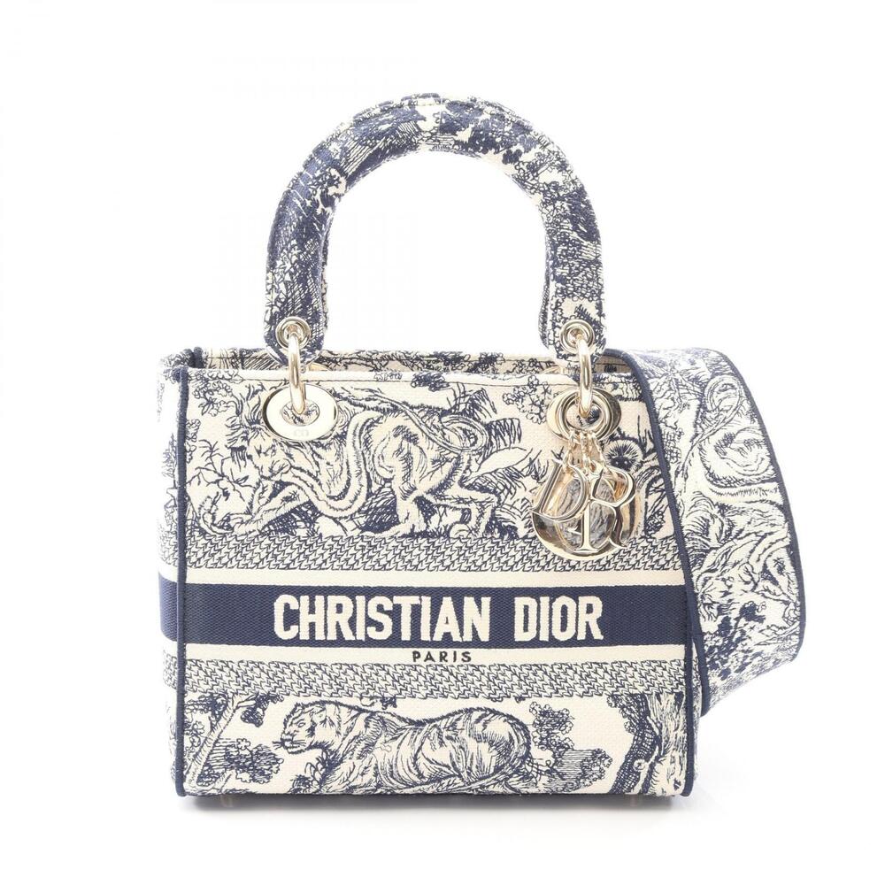 Christian Dior LADY Lite Toile de Jouy Embroidery Handbag Canvas White Navy Blue
